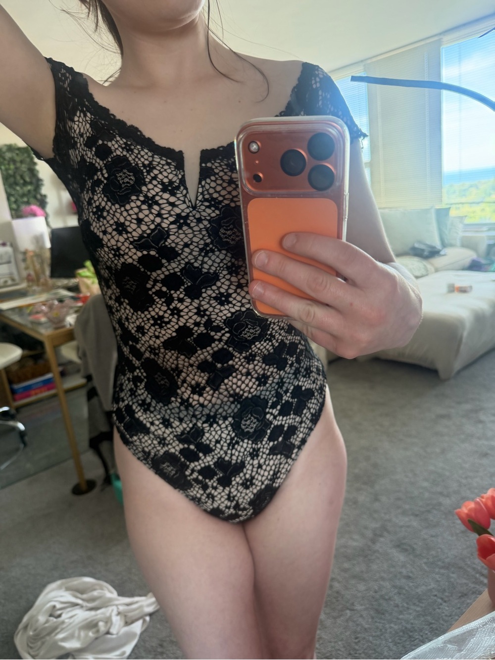 2017 Victoria's Secret Black Lace Bodysuit with Nude Underlay